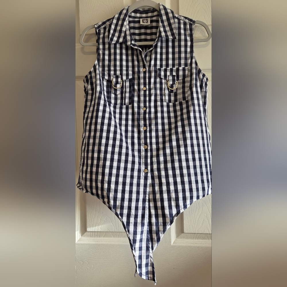 Anne Klein Navy Gingham Sleeveless Blouse Logo Hardware Preppy Chic Size S